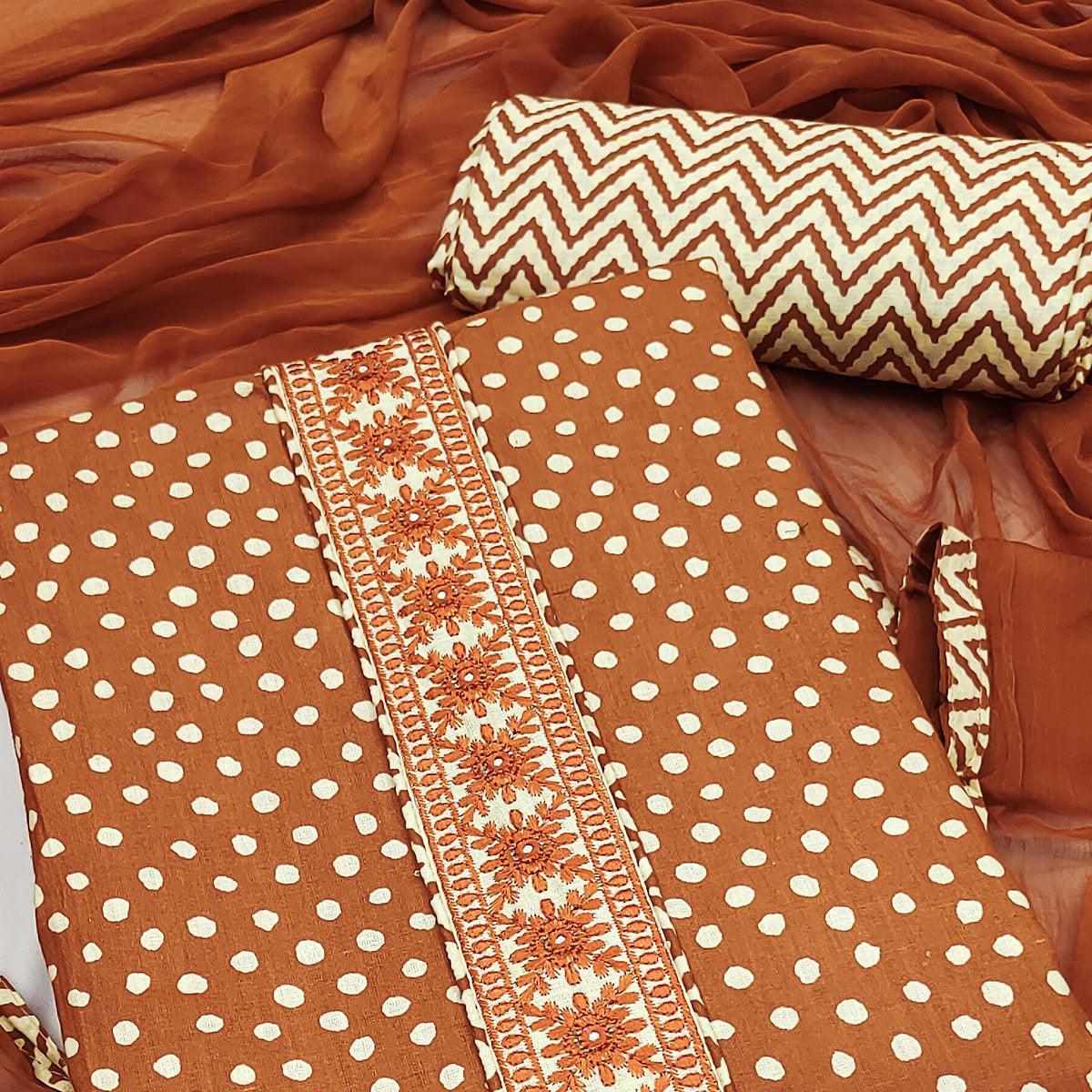 Rust Printed With Embroidered Poly Cotton Dress Material - Peachmode