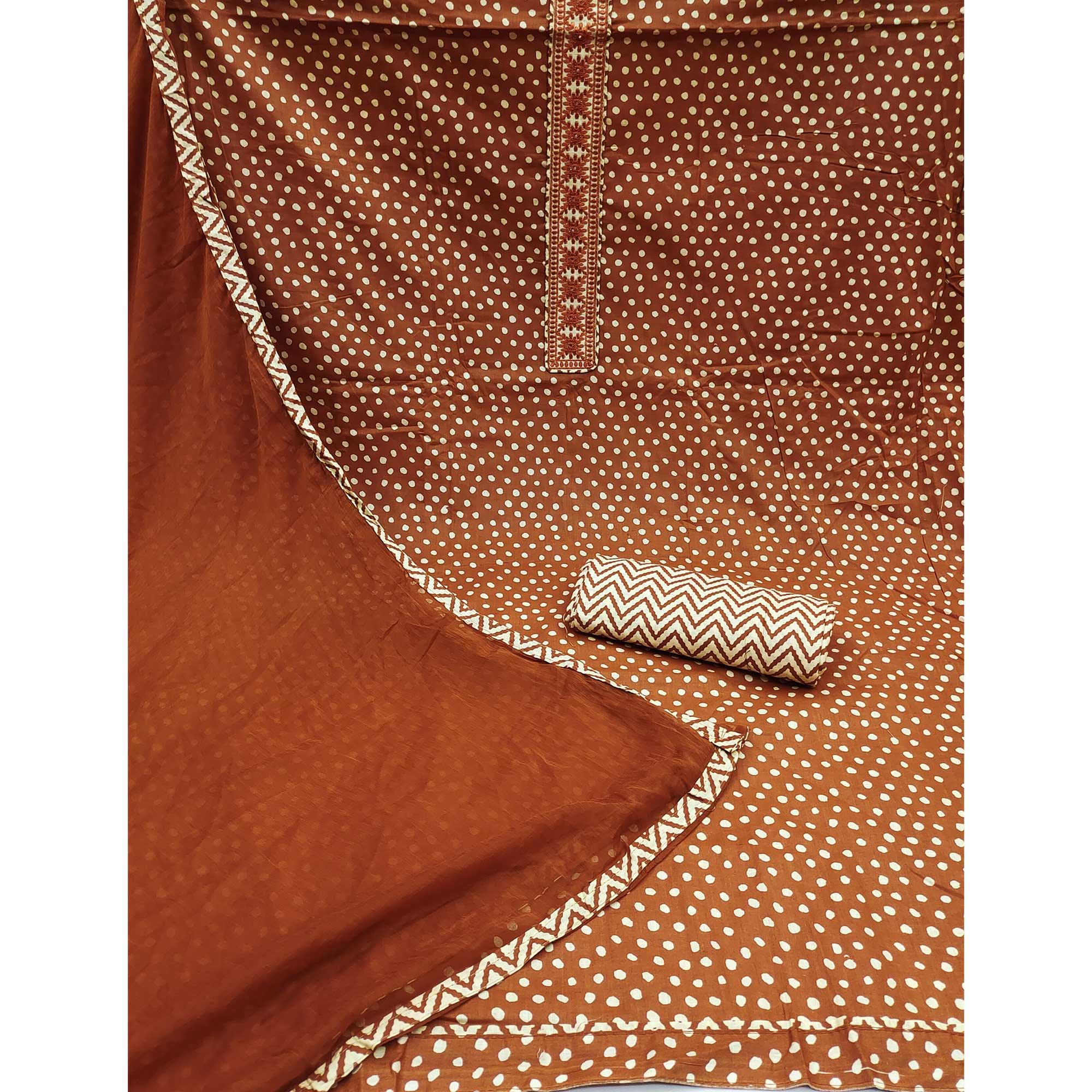 Rust Printed With Embroidered Poly Cotton Dress Material - Peachmode