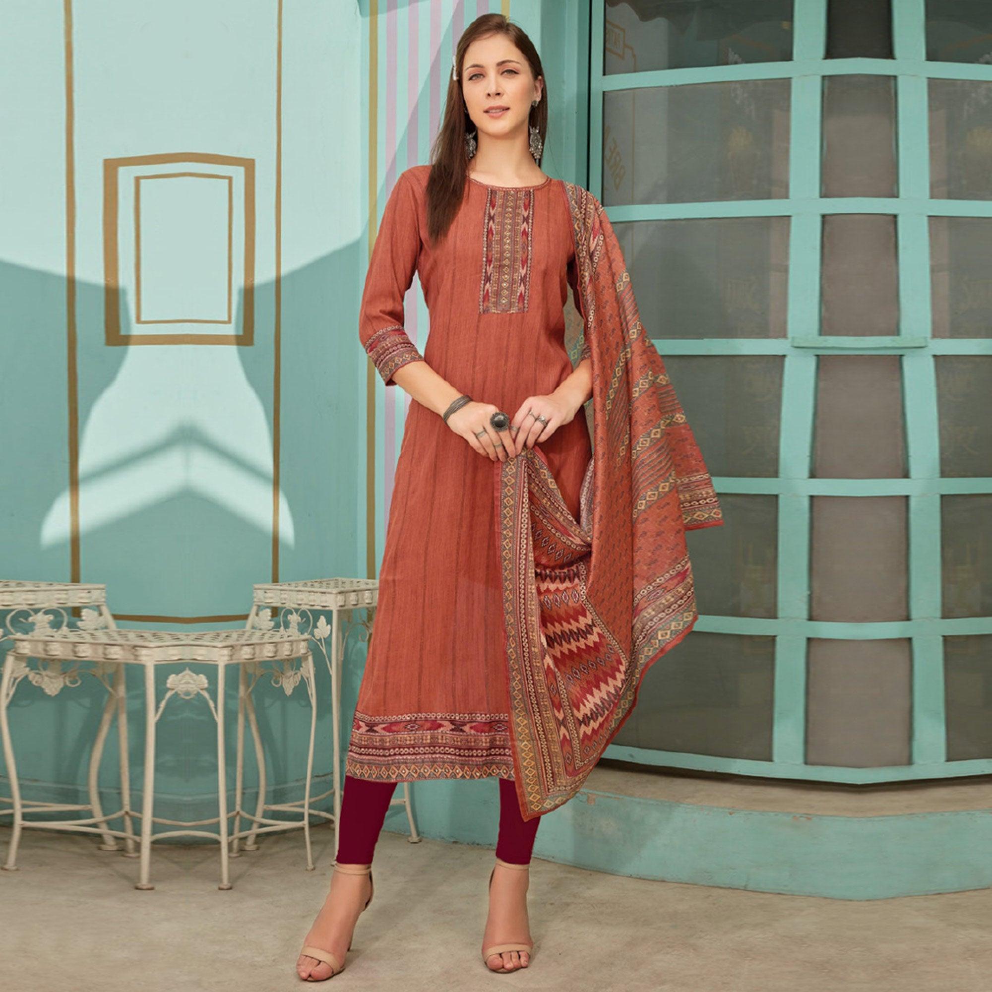 Rust Printed With Embroidery Tapetta Silk Kurti With Dupatta - Peachmode