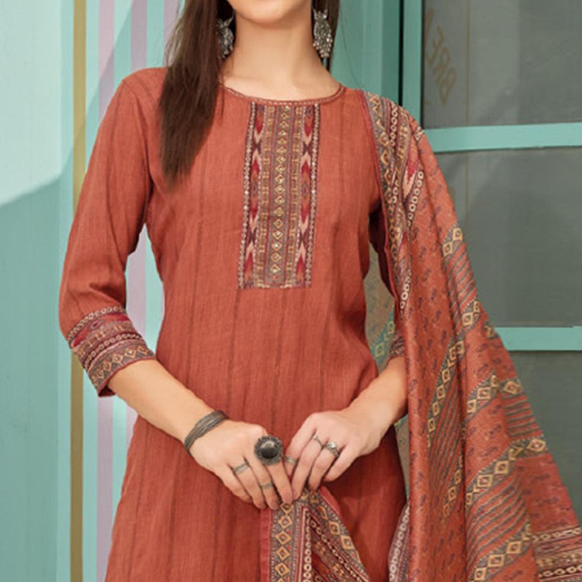Rust Printed With Embroidery Tapetta Silk Kurti With Dupatta - Peachmode