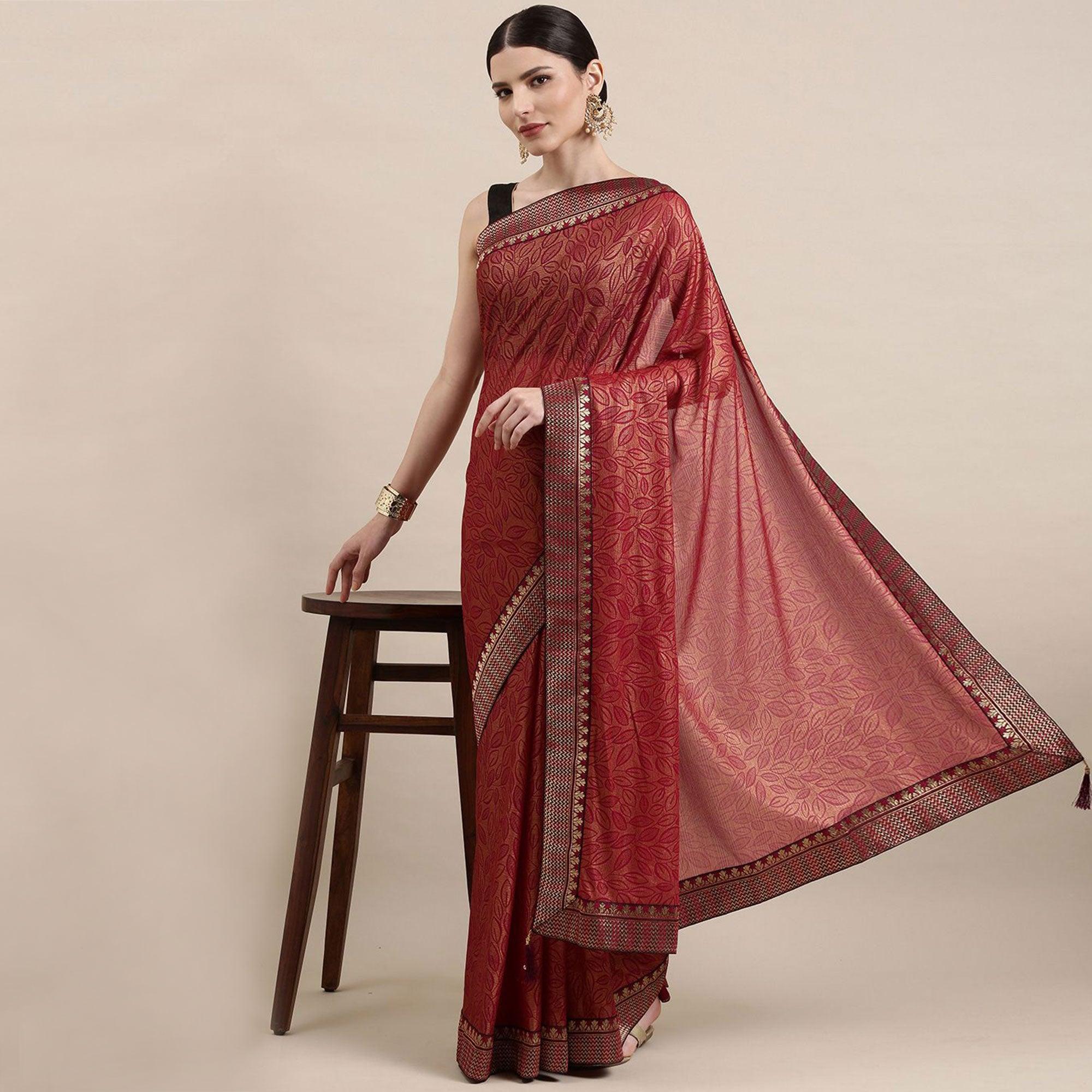 Rust Printed With Woven Border Art Silk Saree - Peachmode
