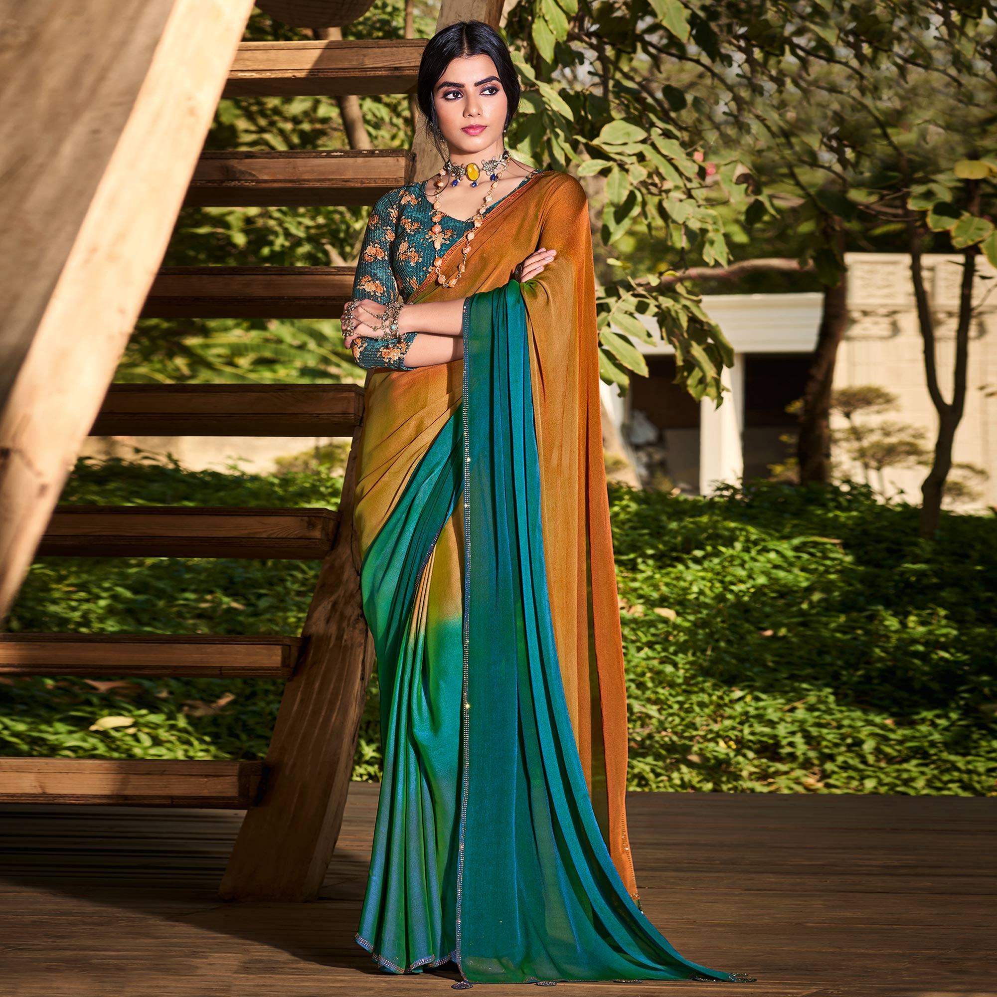 Rust-Rama Blue Solid Chiffon Saree - Peachmode