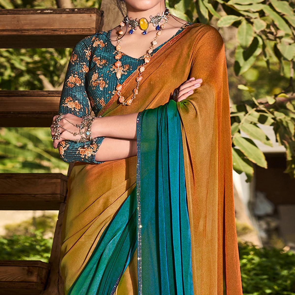 Rust-Rama Blue Solid Chiffon Saree - Peachmode