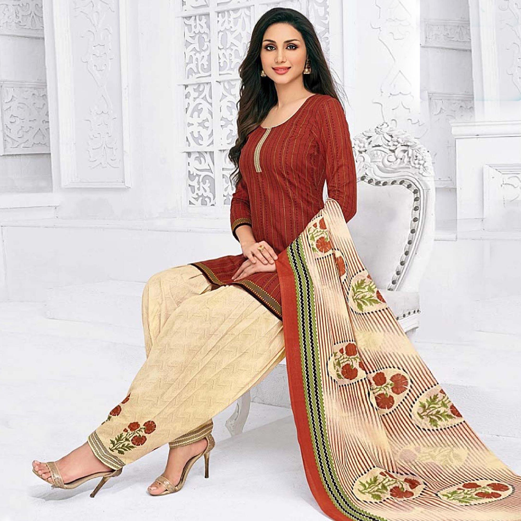 Rust Red Casual Wear Printed Cotton Dress Material - Peachmode