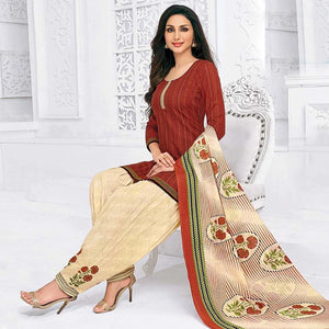 Rust Red Casual Wear Printed Cotton Dress Material - Peachmode