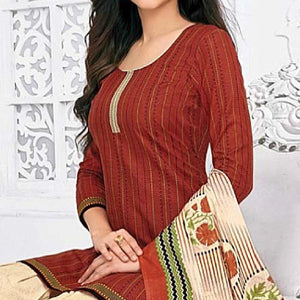 Rust Red Casual Wear Printed Cotton Dress Material - Peachmode