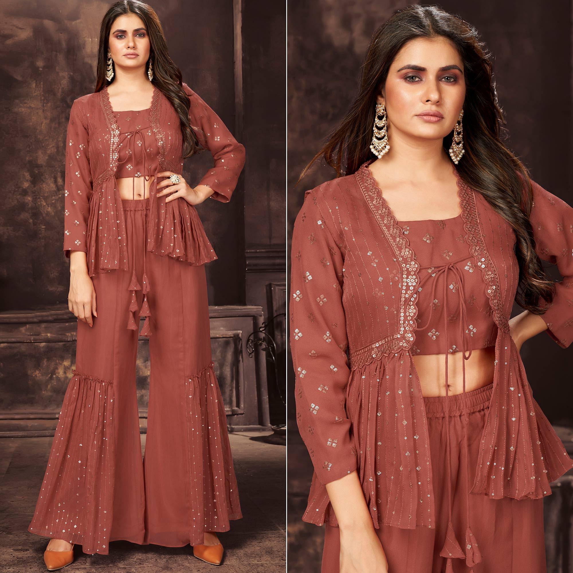 Rust Sequence Embroidered Georgette Palazzo Suit - Peachmode