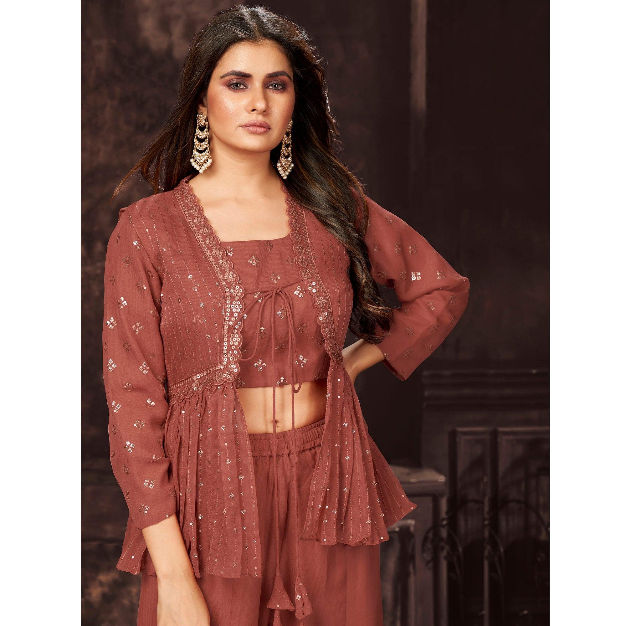 Rust Sequence Embroidered Georgette Palazzo Suit - Peachmode