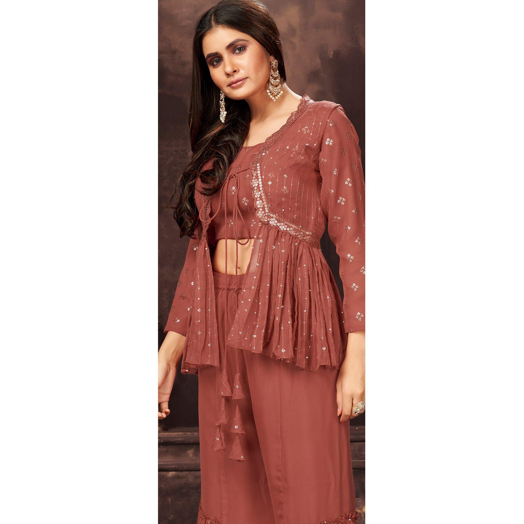 Rust Sequence Embroidered Georgette Palazzo Suit - Peachmode