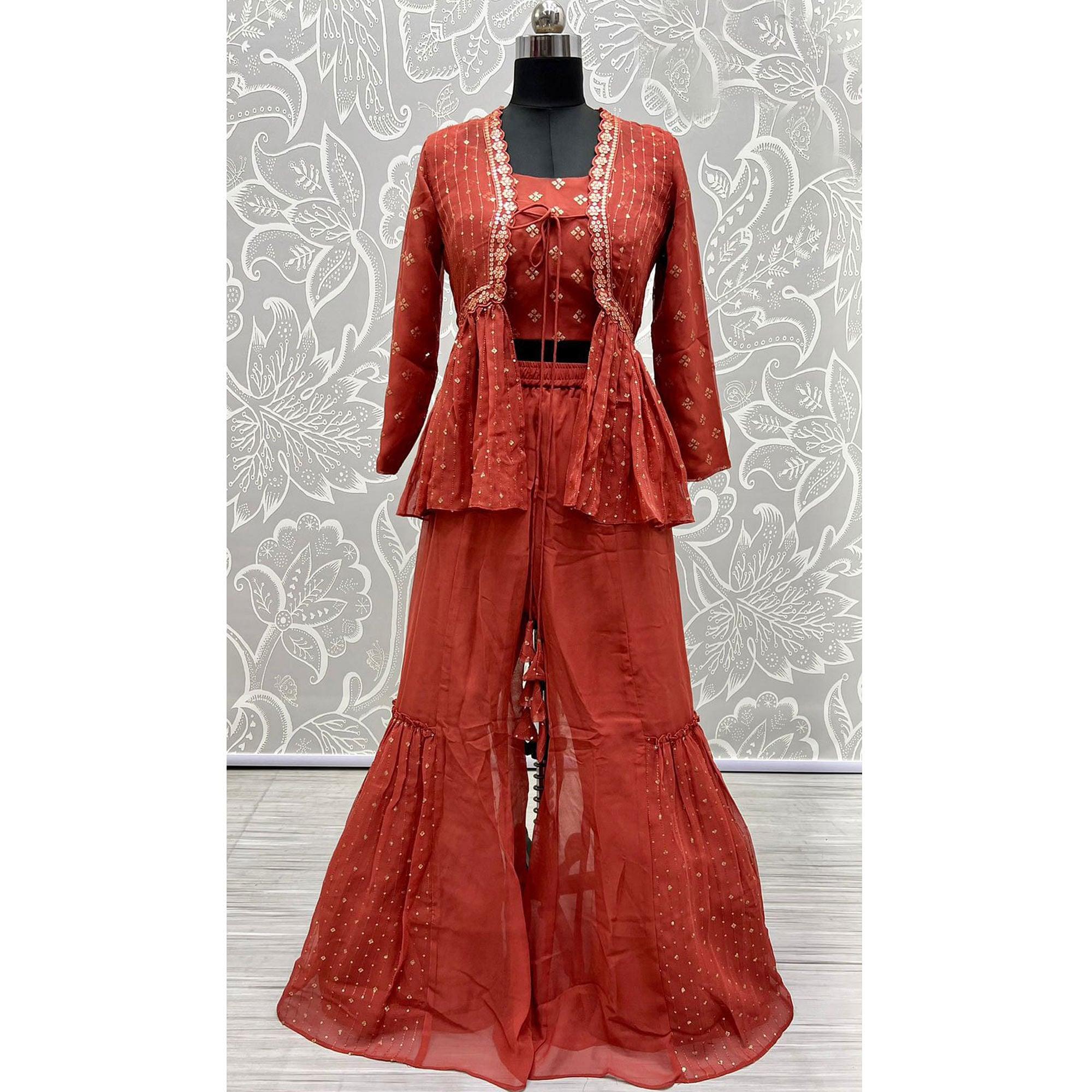 Rust Sequence Embroidered Georgette Palazzo Suit - Peachmode