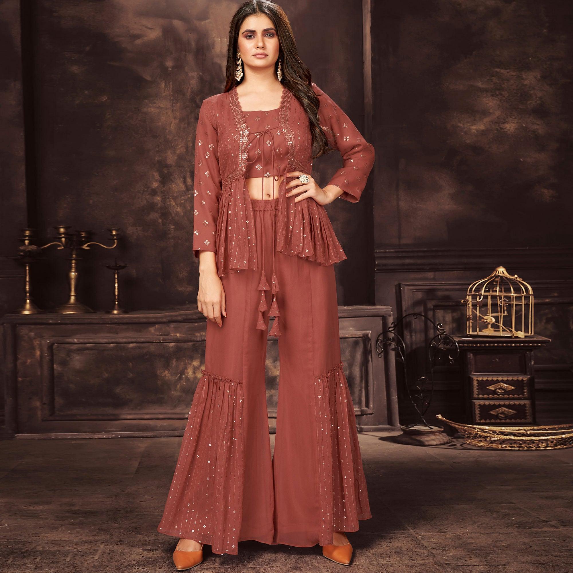 Rust Sequence Embroidered Georgette Palazzo Suit - Peachmode