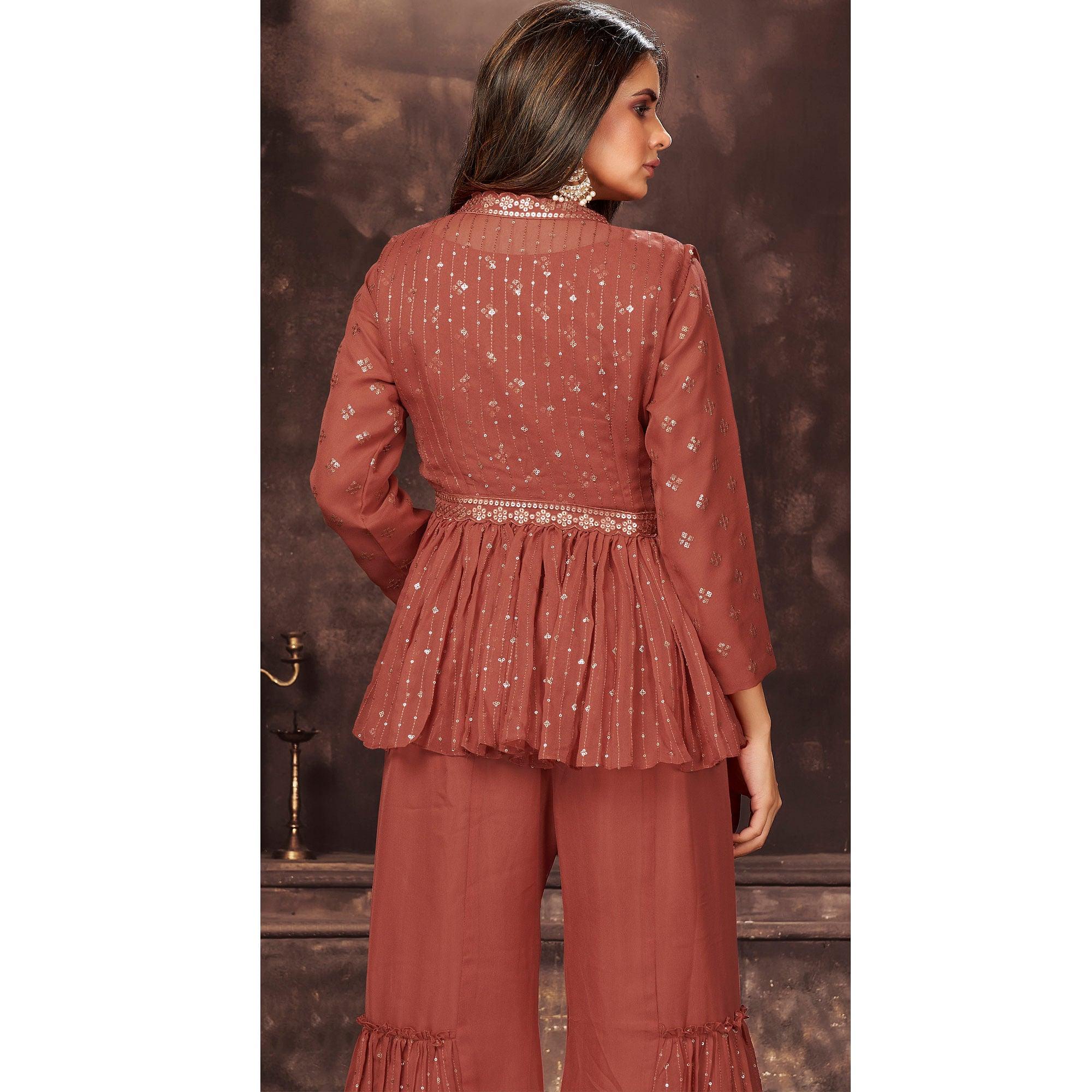 Rust Sequence Embroidered Georgette Palazzo Suit - Peachmode