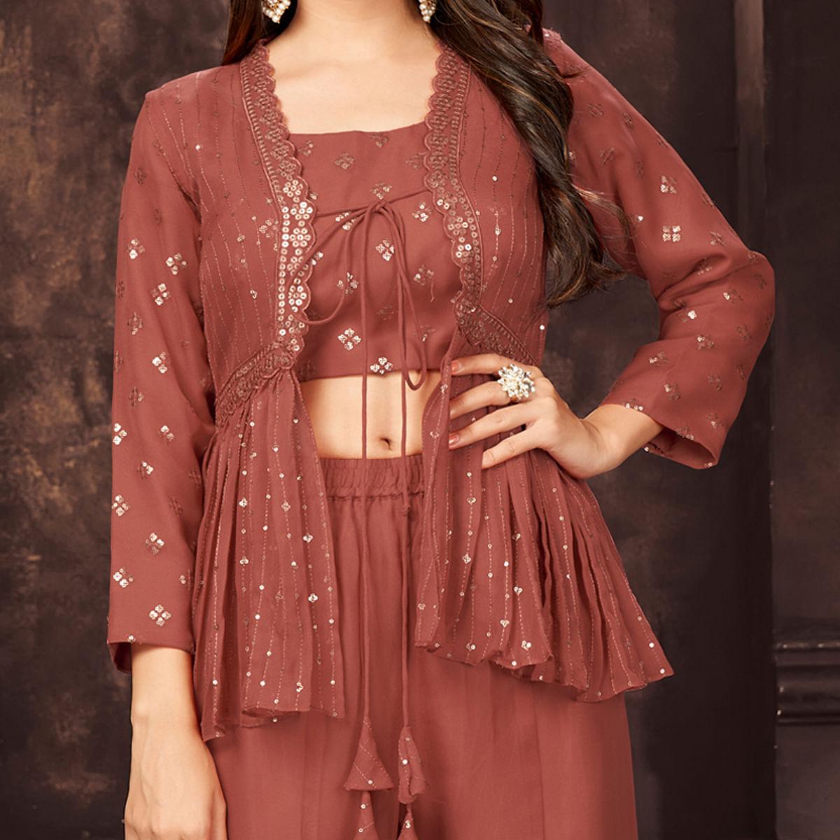 Rust Sequence Embroidered Georgette Palazzo Suit - Peachmode