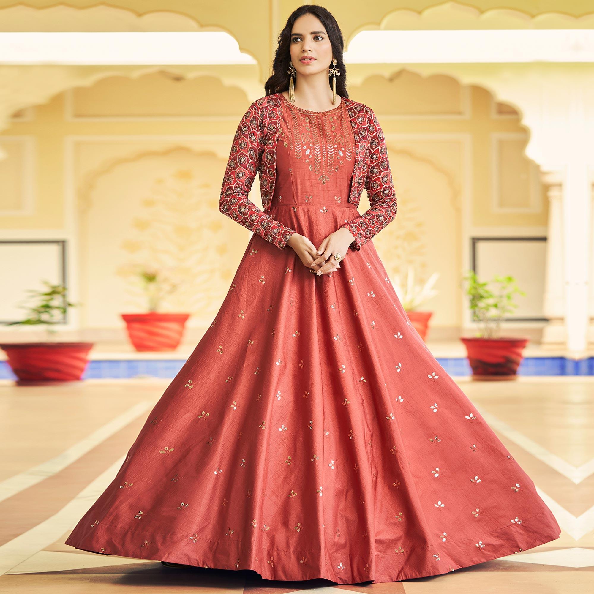 Rust Sequence Embroidered Pure Cotton Gown With Koti - Peachmode