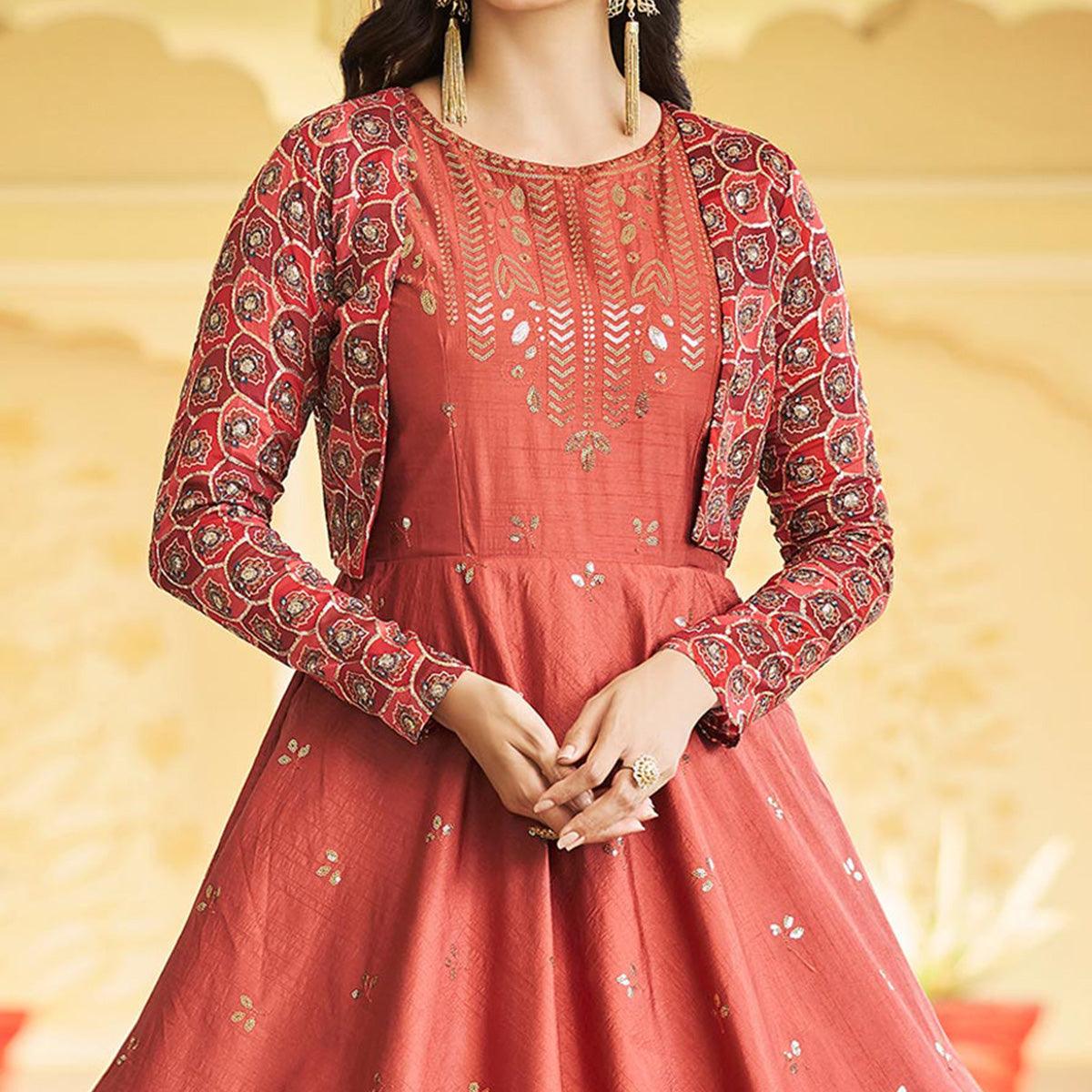 Rust Sequence Embroidered Pure Cotton Gown With Koti - Peachmode