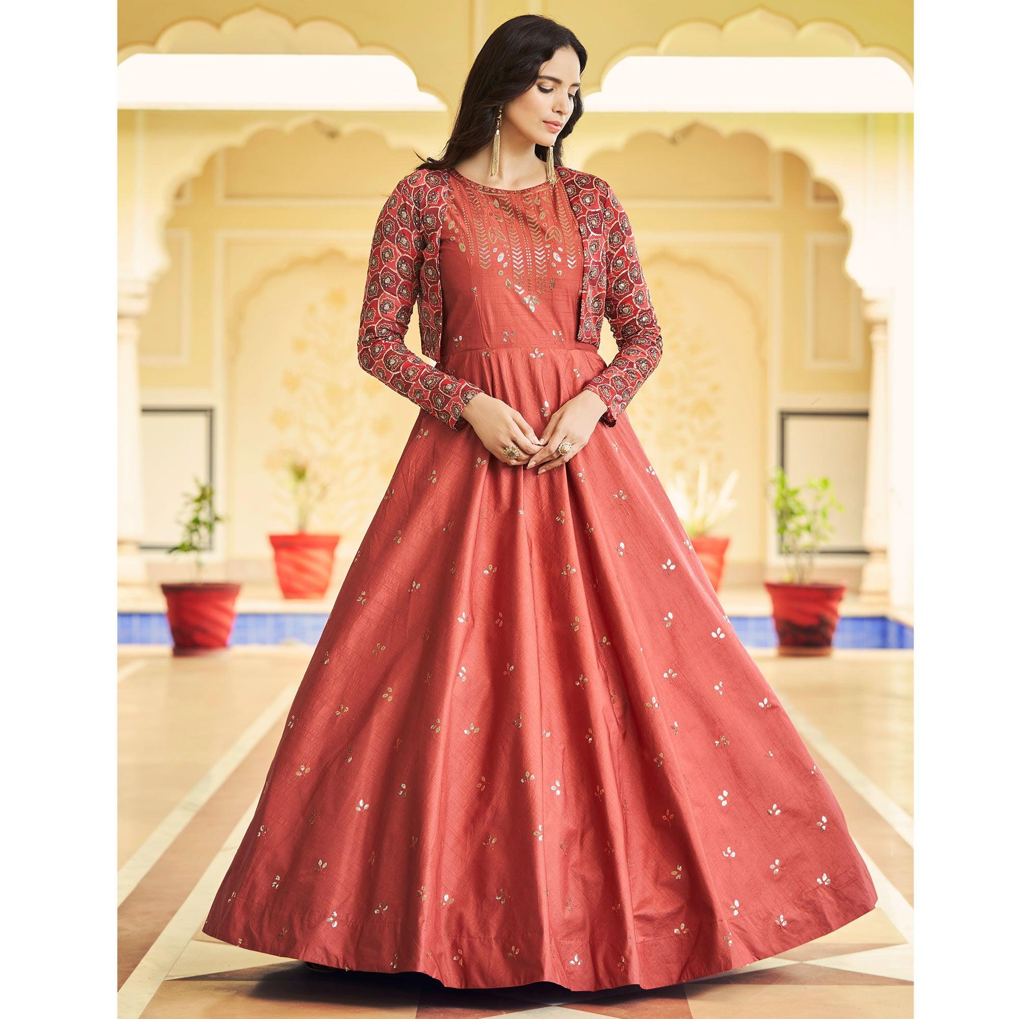 Rust Sequence Embroidered Pure Cotton Gown With Koti - Peachmode