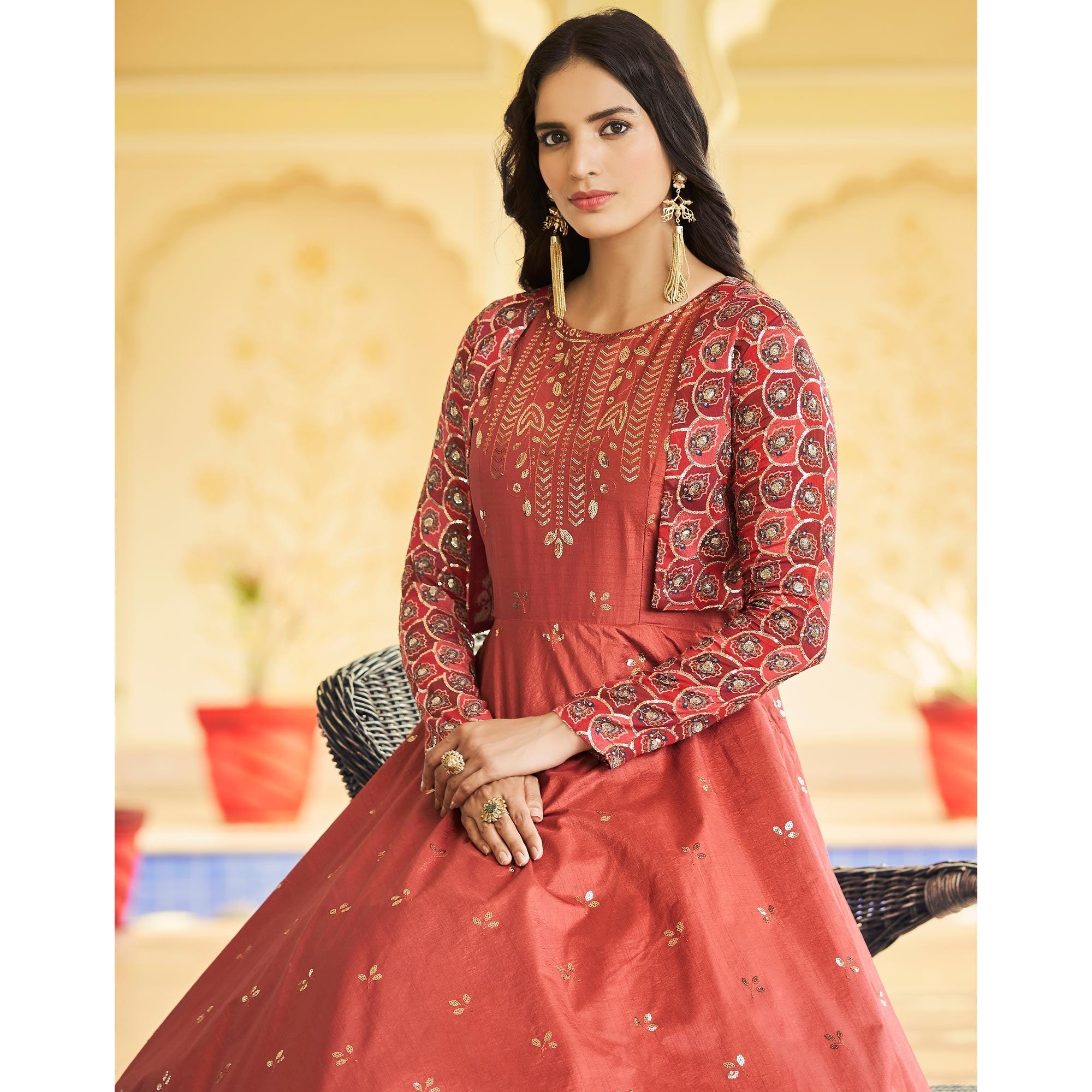 Rust Sequence Embroidered Pure Cotton Gown With Koti - Peachmode