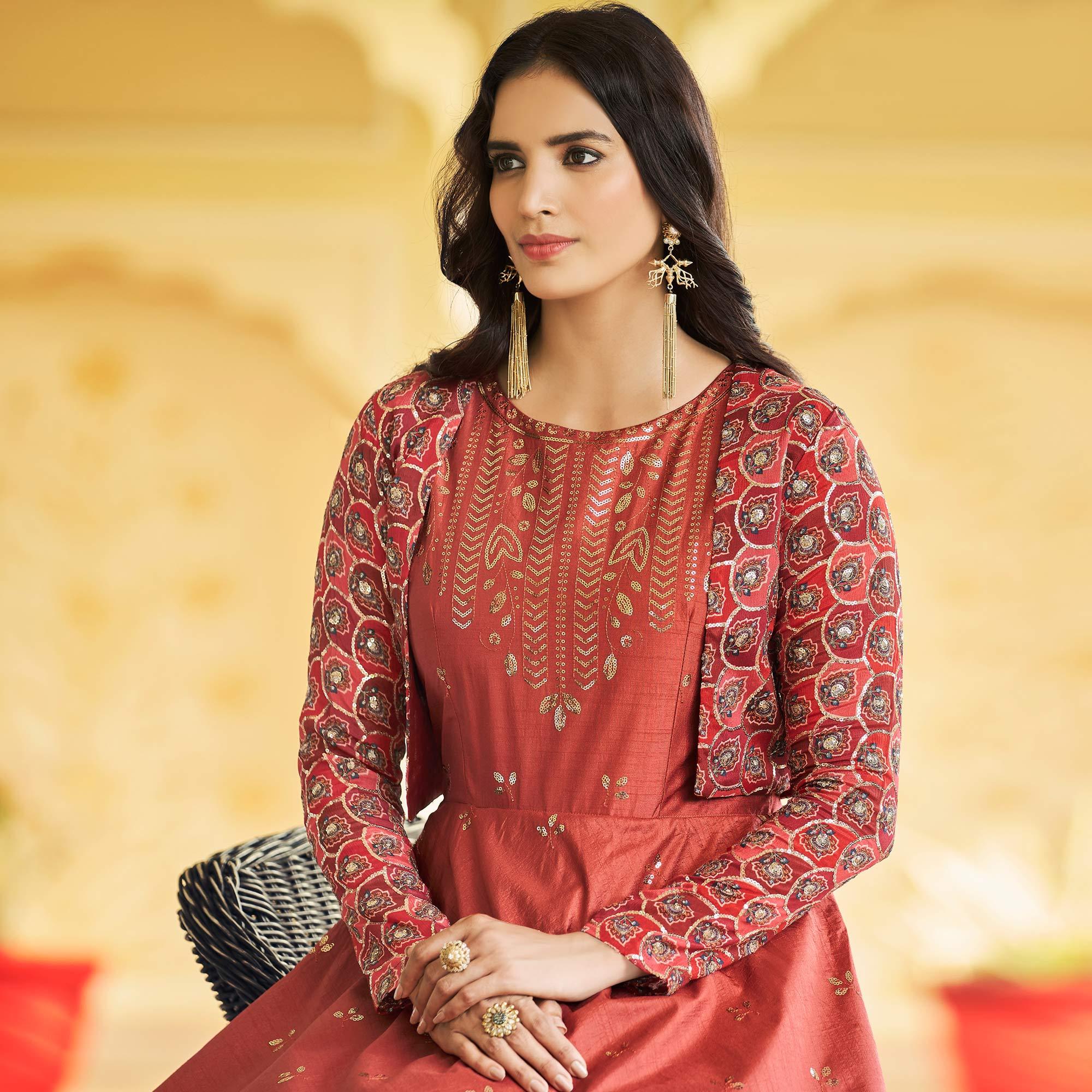 Rust Sequence Embroidered Pure Cotton Gown With Koti - Peachmode