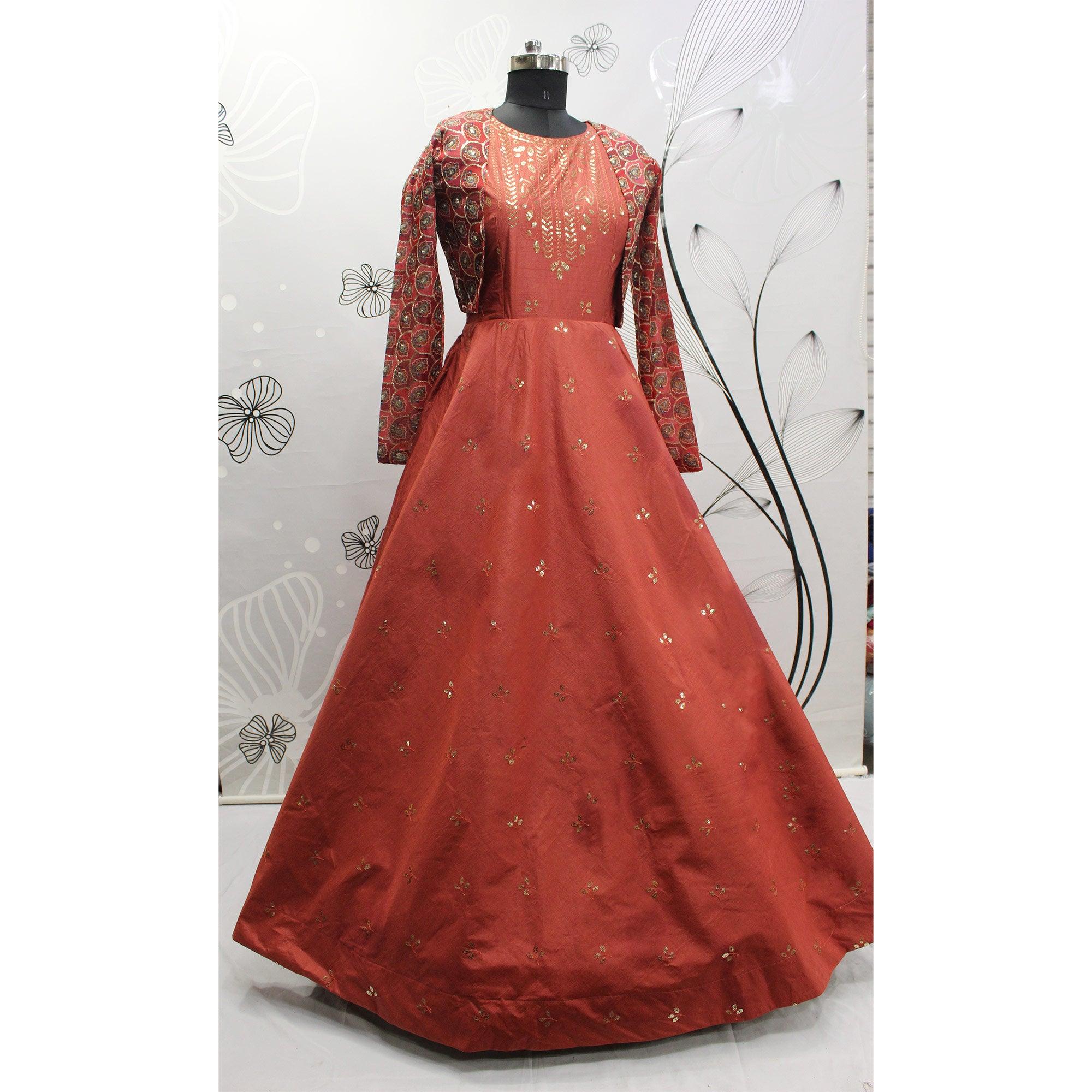 Rust Sequence Embroidered Pure Cotton Gown With Koti - Peachmode