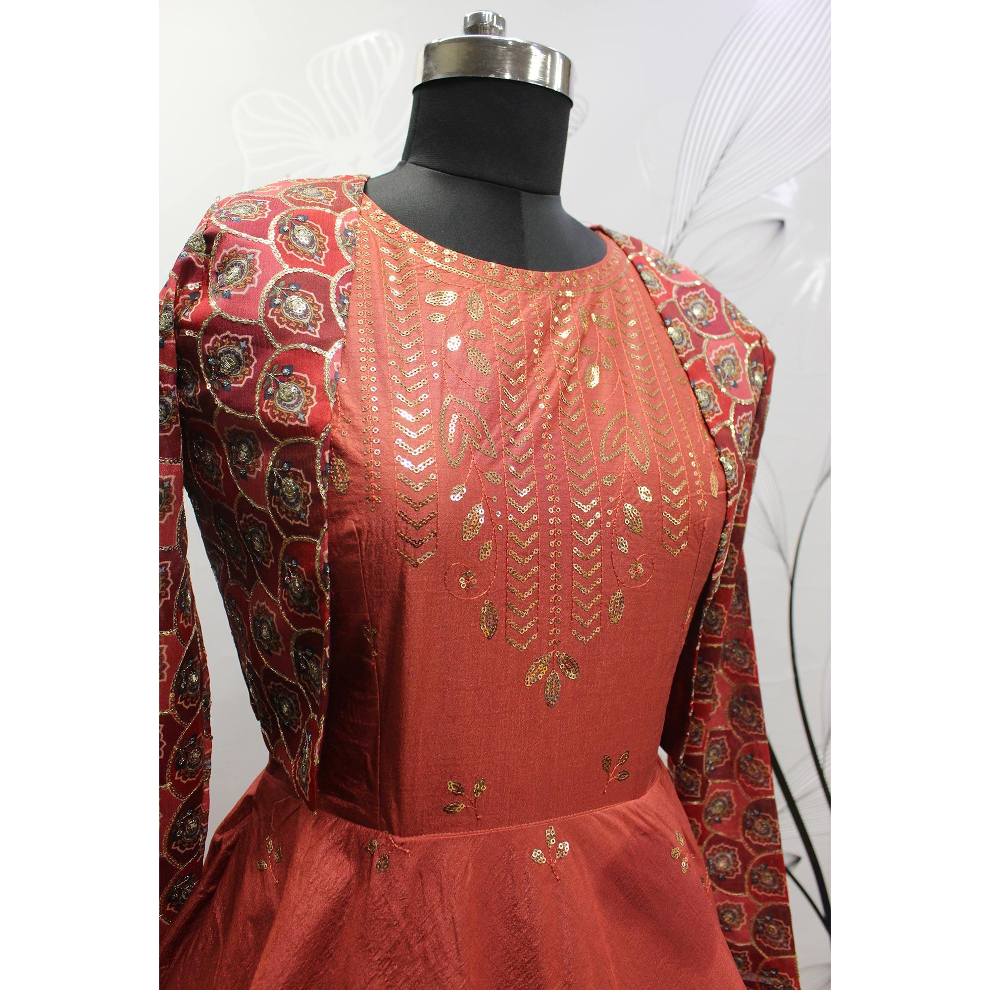 Rust Sequence Embroidered Pure Cotton Gown With Koti - Peachmode