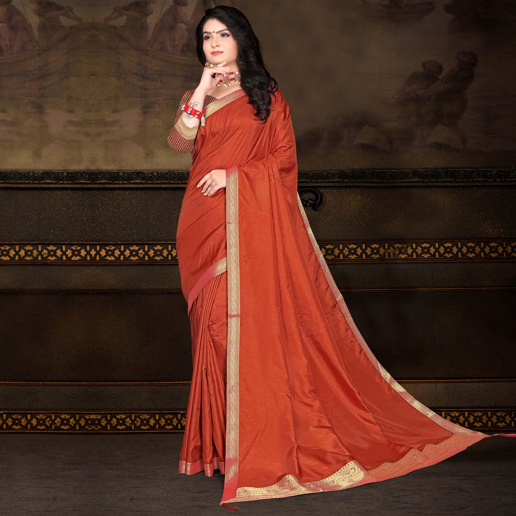 Rust Solid Vichitra Silk Saree - Peachmode