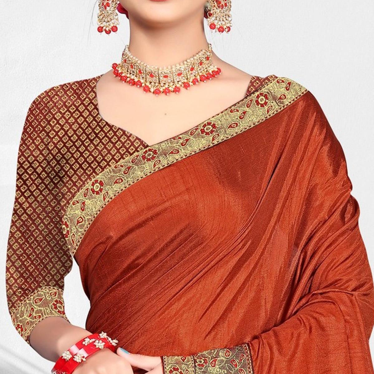 Rust Solid Vichitra Silk Saree - Peachmode