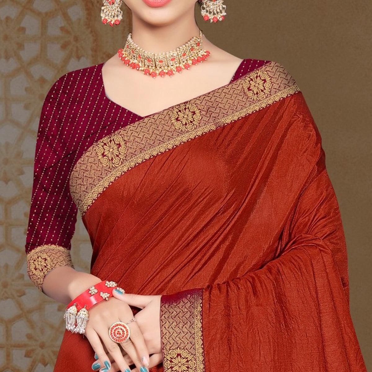 Rust Solid Vichitra Silk Saree - Peachmode