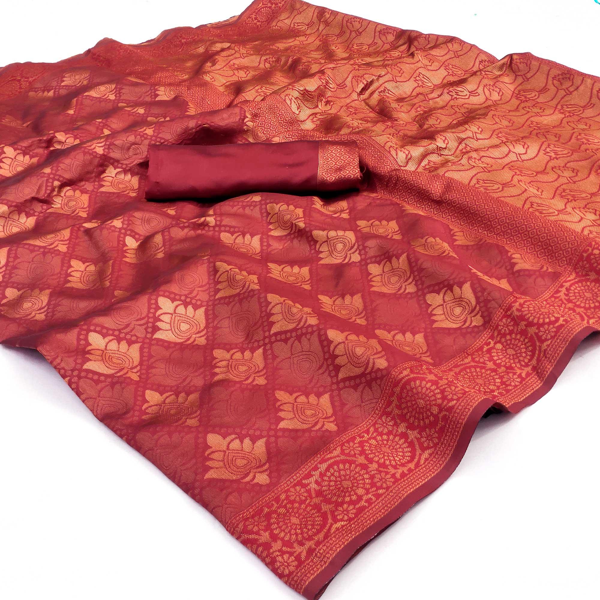 Rust Woven Banarasi Silk Saree - Peachmode