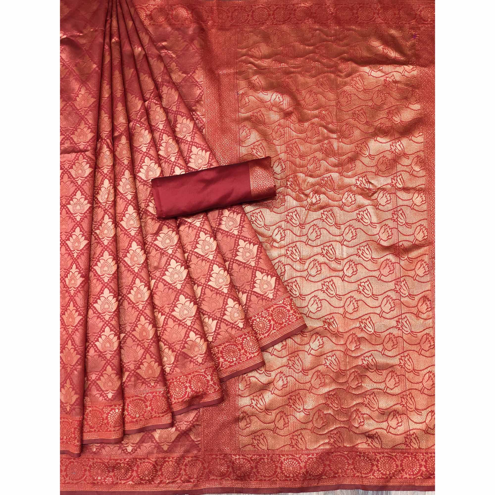 Rust Woven Banarasi Silk Saree - Peachmode