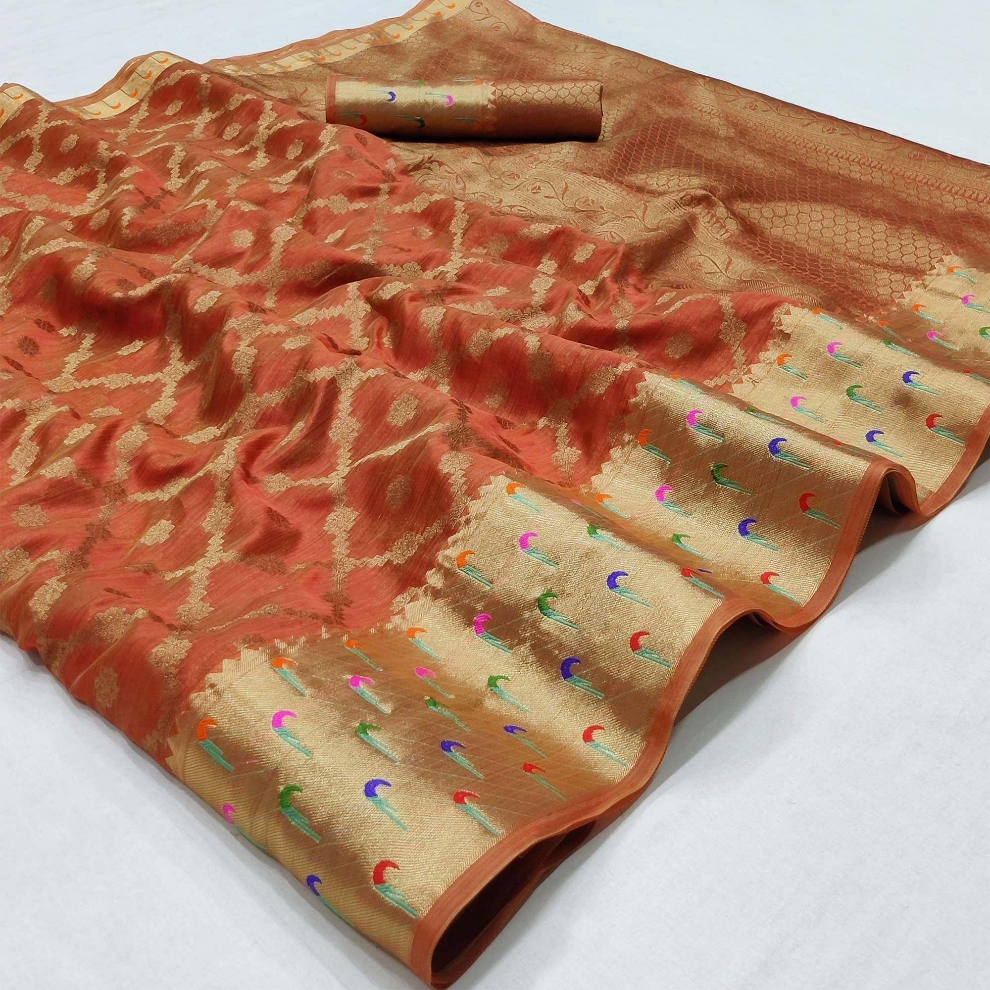 Rust Woven Organza Saree - Peachmode