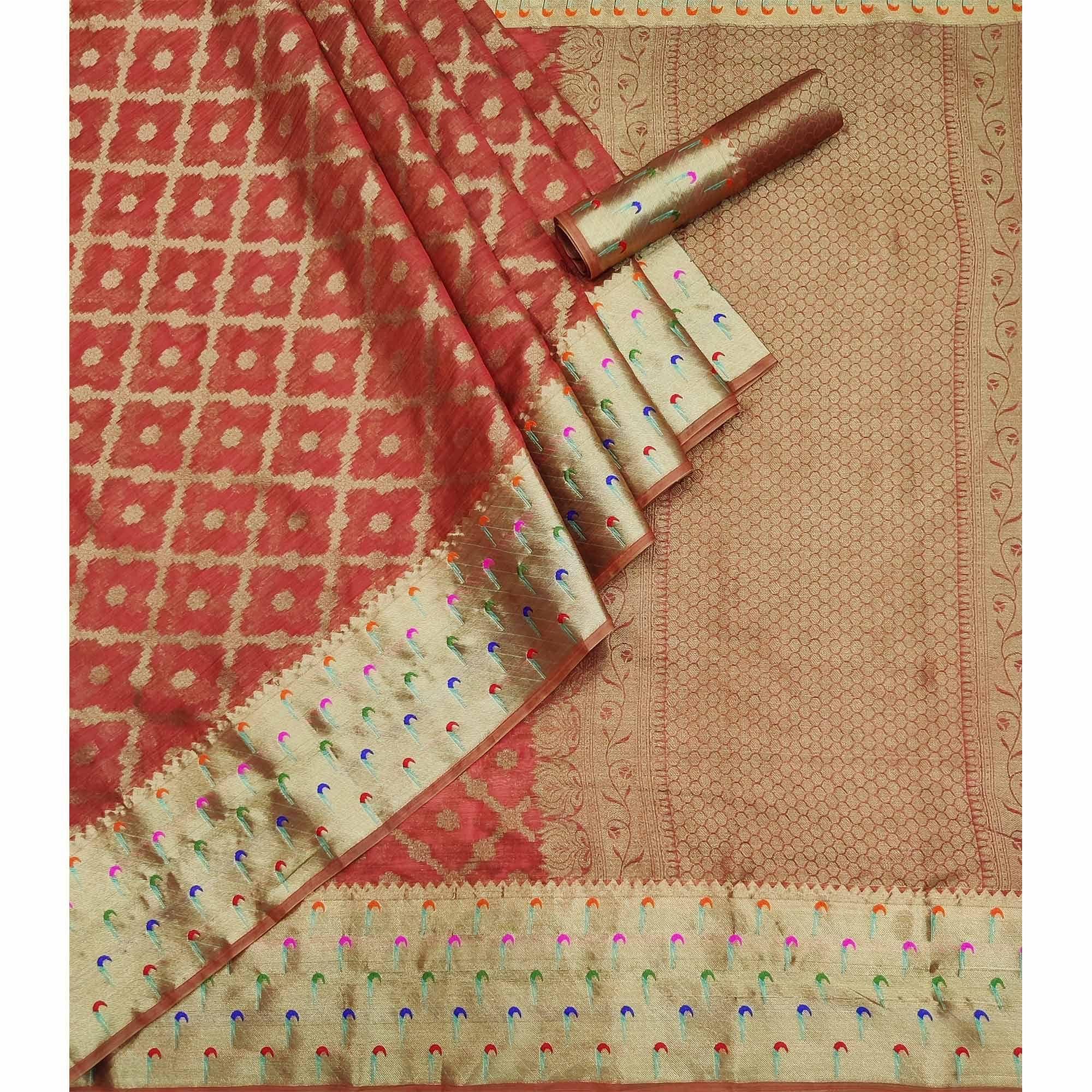 Rust Woven Organza Saree - Peachmode