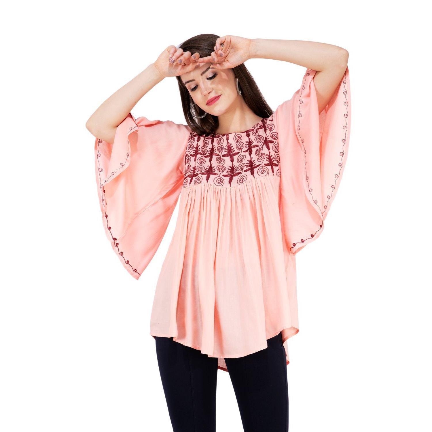 SAAKAA - Women's Rayon Pink Embroidered Top - Peachmode