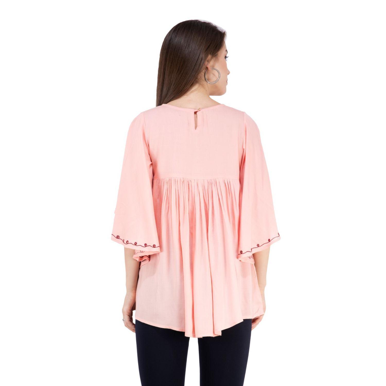 SAAKAA - Women's Rayon Pink Embroidered Top - Peachmode