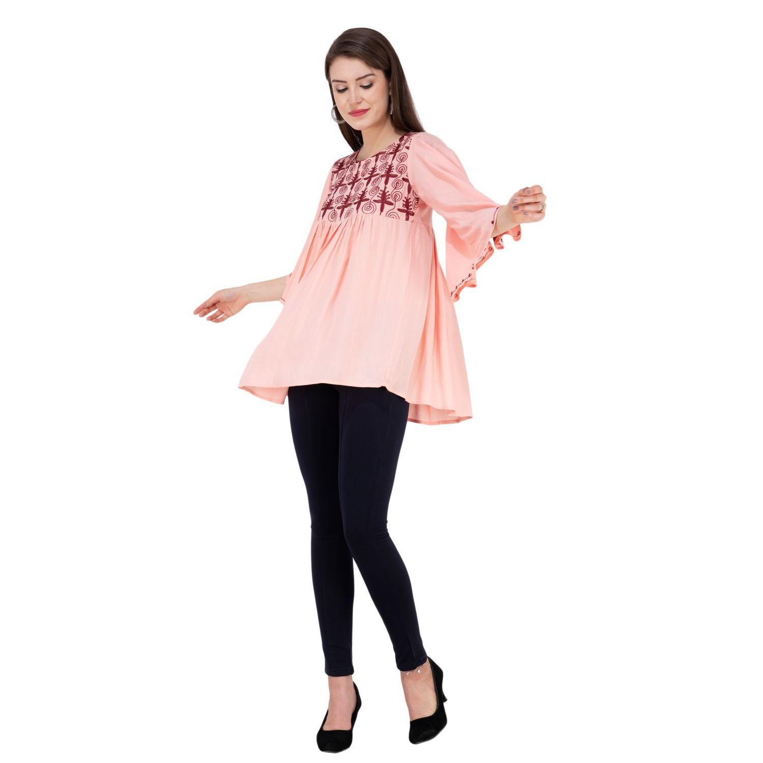 SAAKAA - Women's Rayon Pink Embroidered Top - Peachmode