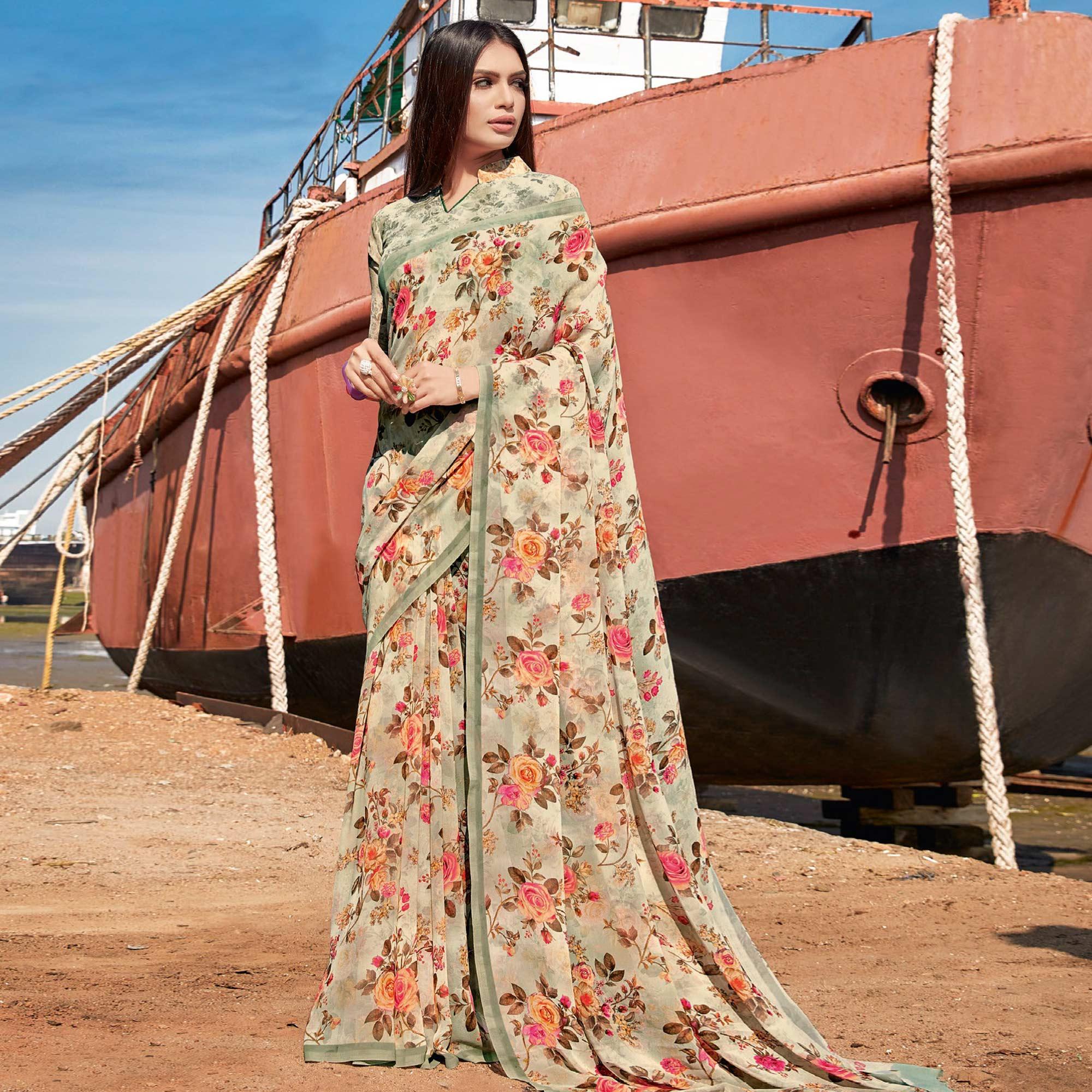 Saga-Green Festive Wear Floral Printed Georgette Saree - Peachmode