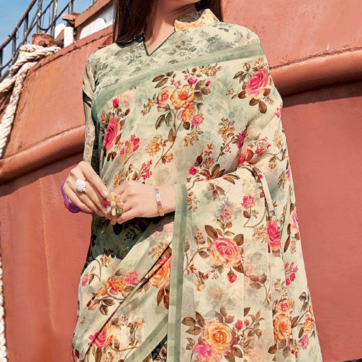 Saga-Green Festive Wear Floral Printed Georgette Saree - Peachmode