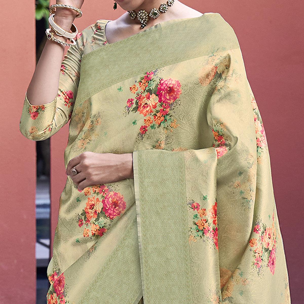 Sage Green Festive Wear Floral Printed Silk Saree With Woven Border - Peachmode