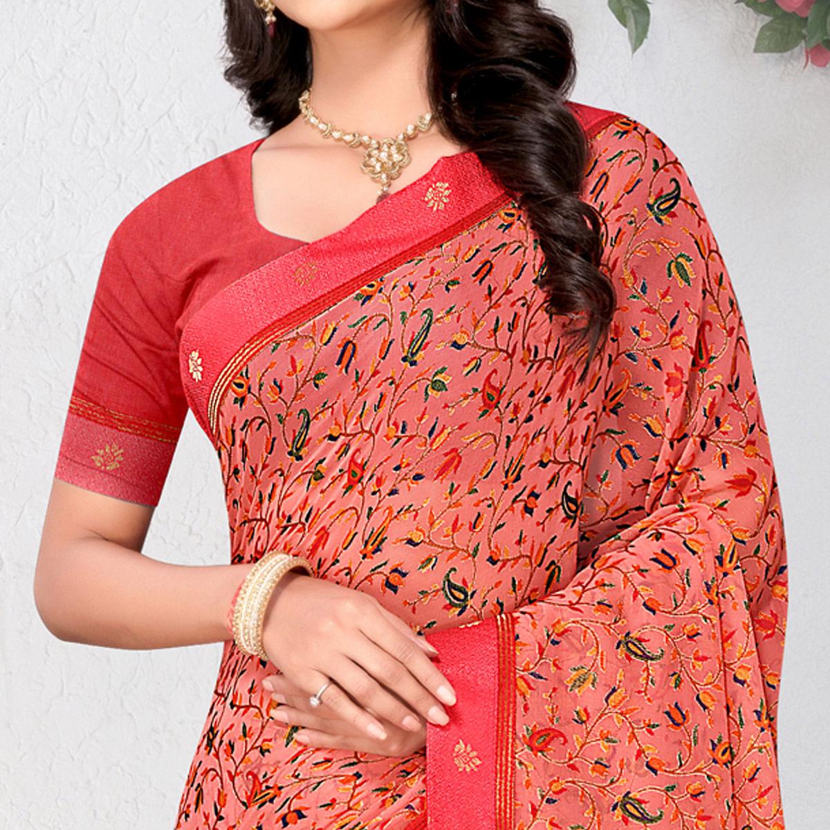 Salmon Floral Printed Brasso Saree - Peachmode