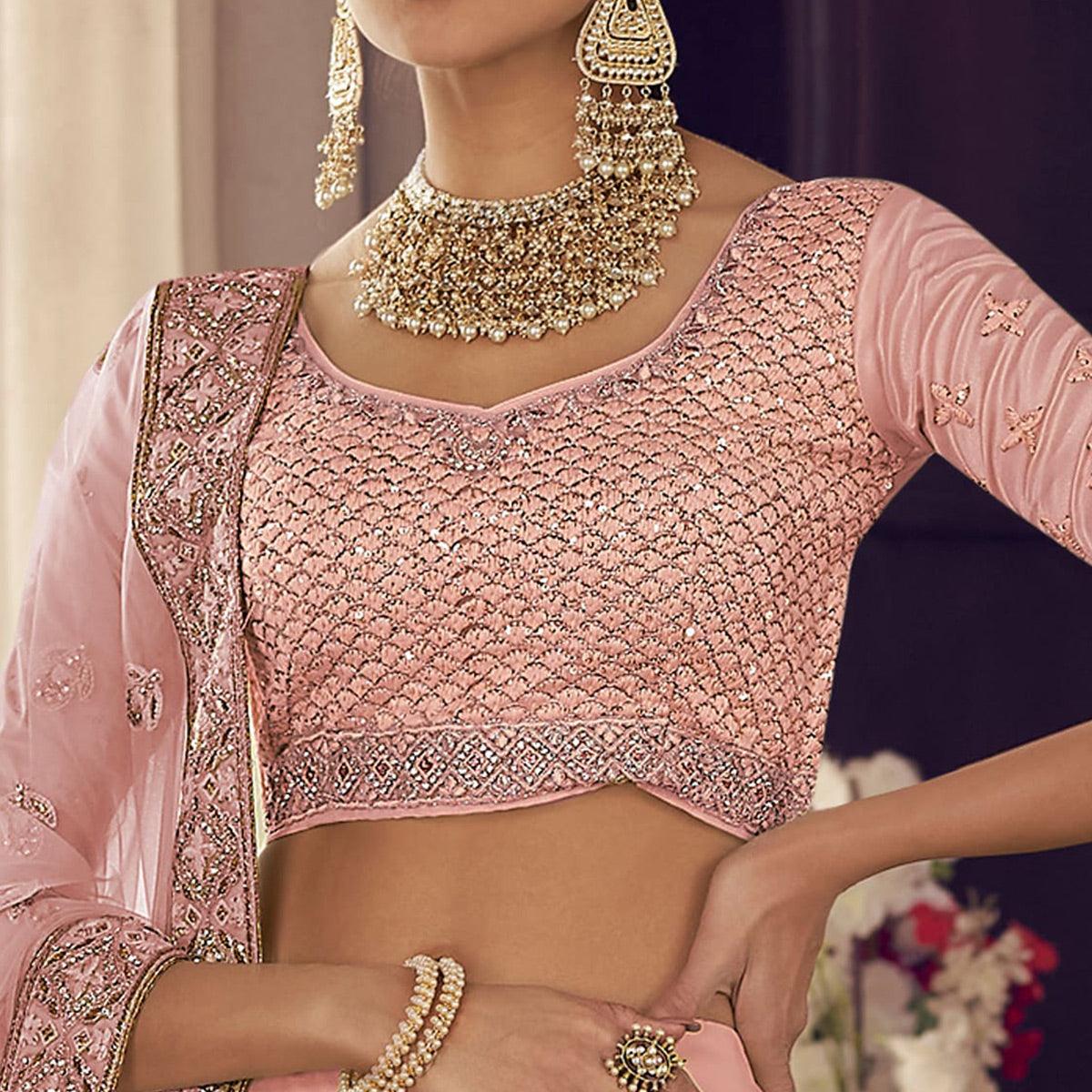 Salmon Party Wear Embroidered Crepe Lehenga Choli - Peachmode