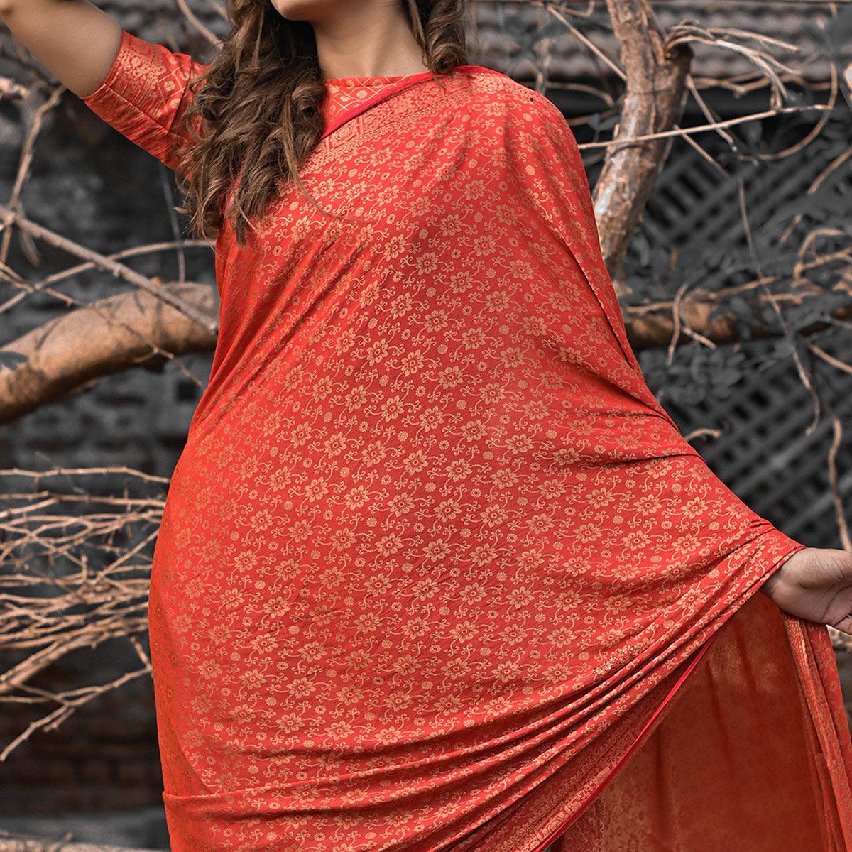 Salmon Peach Festive Wear Woven With Swarovski Art Silk Saree - Peachmode