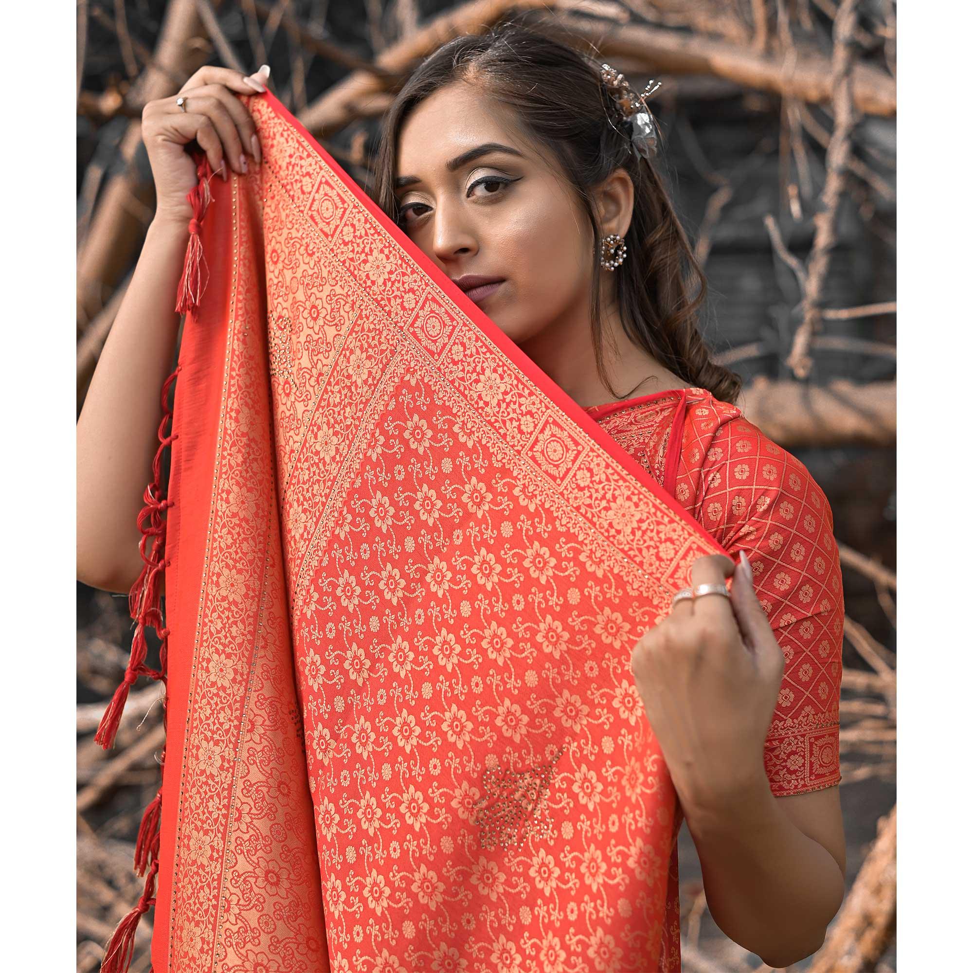 Salmon Peach Festive Wear Woven With Swarovski Art Silk Saree - Peachmode