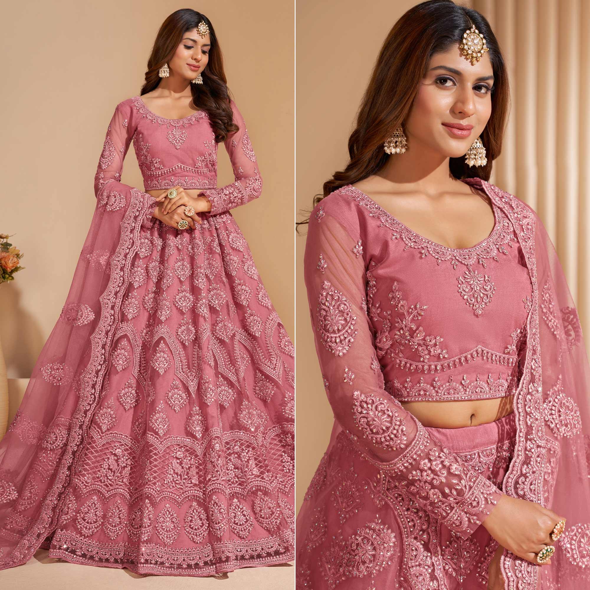 Salmon Peach Wedding Wear Embroidered With Embellished Net Lehenga Choli - Peachmode