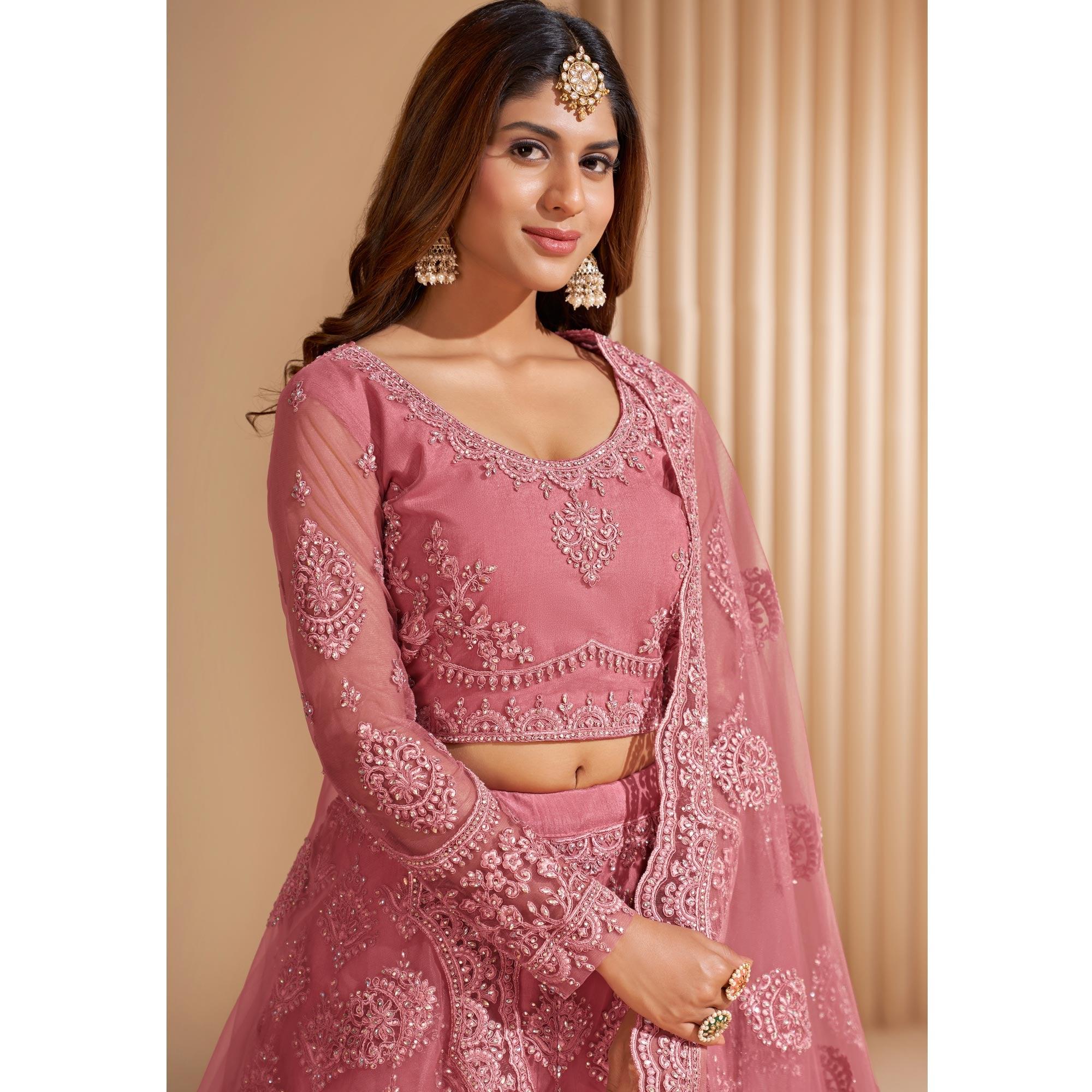 Salmon Peach Wedding Wear Embroidered With Embellished Net Lehenga Choli - Peachmode