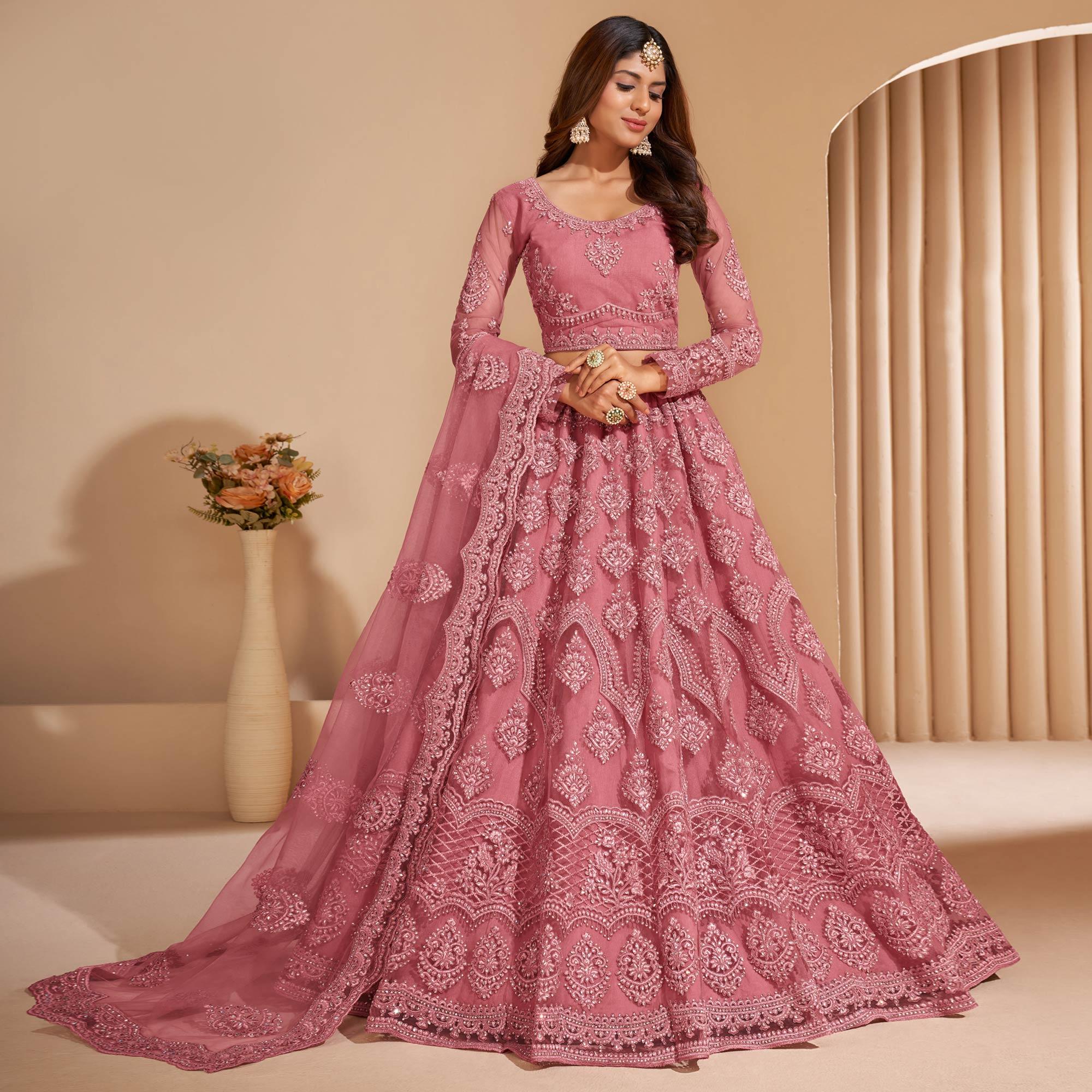 Salmon Peach Wedding Wear Embroidered With Embellished Net Lehenga Choli - Peachmode