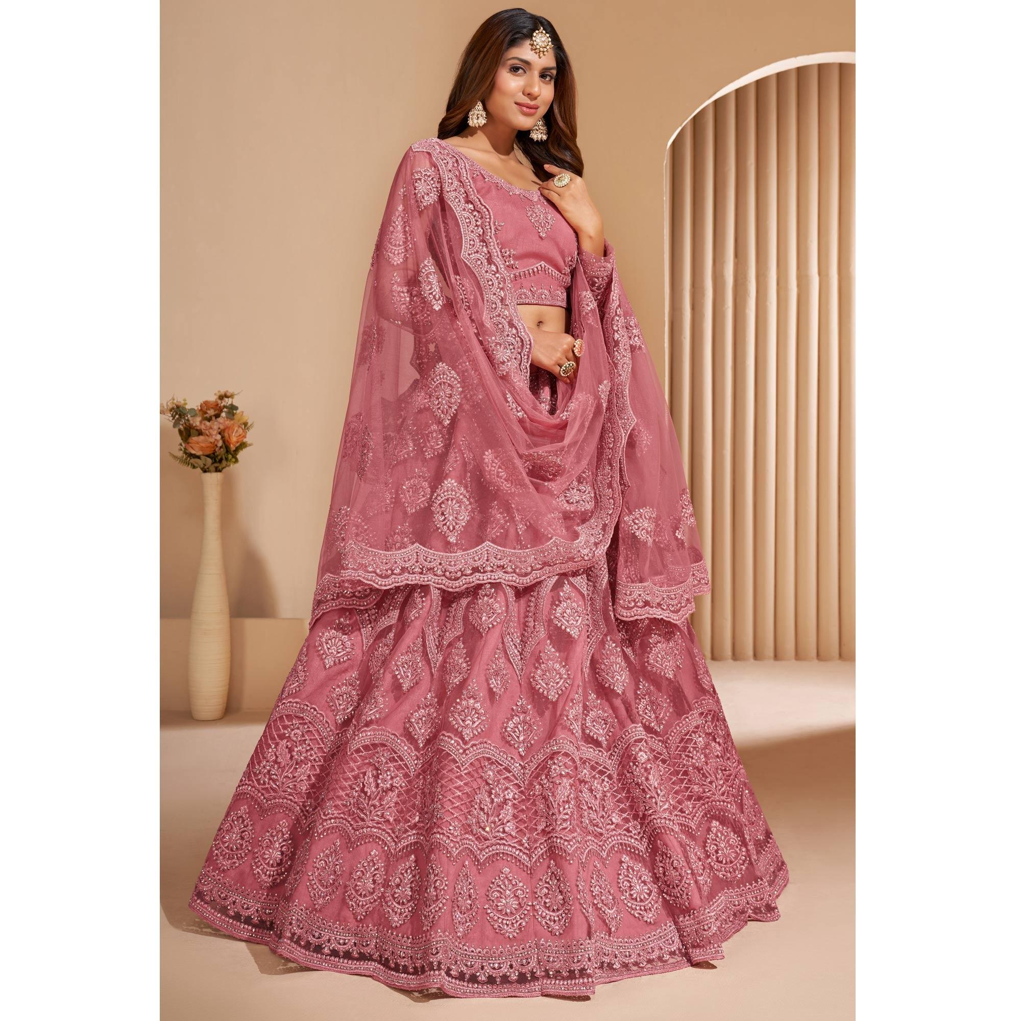 Salmon Peach Wedding Wear Embroidered With Embellished Net Lehenga Choli - Peachmode