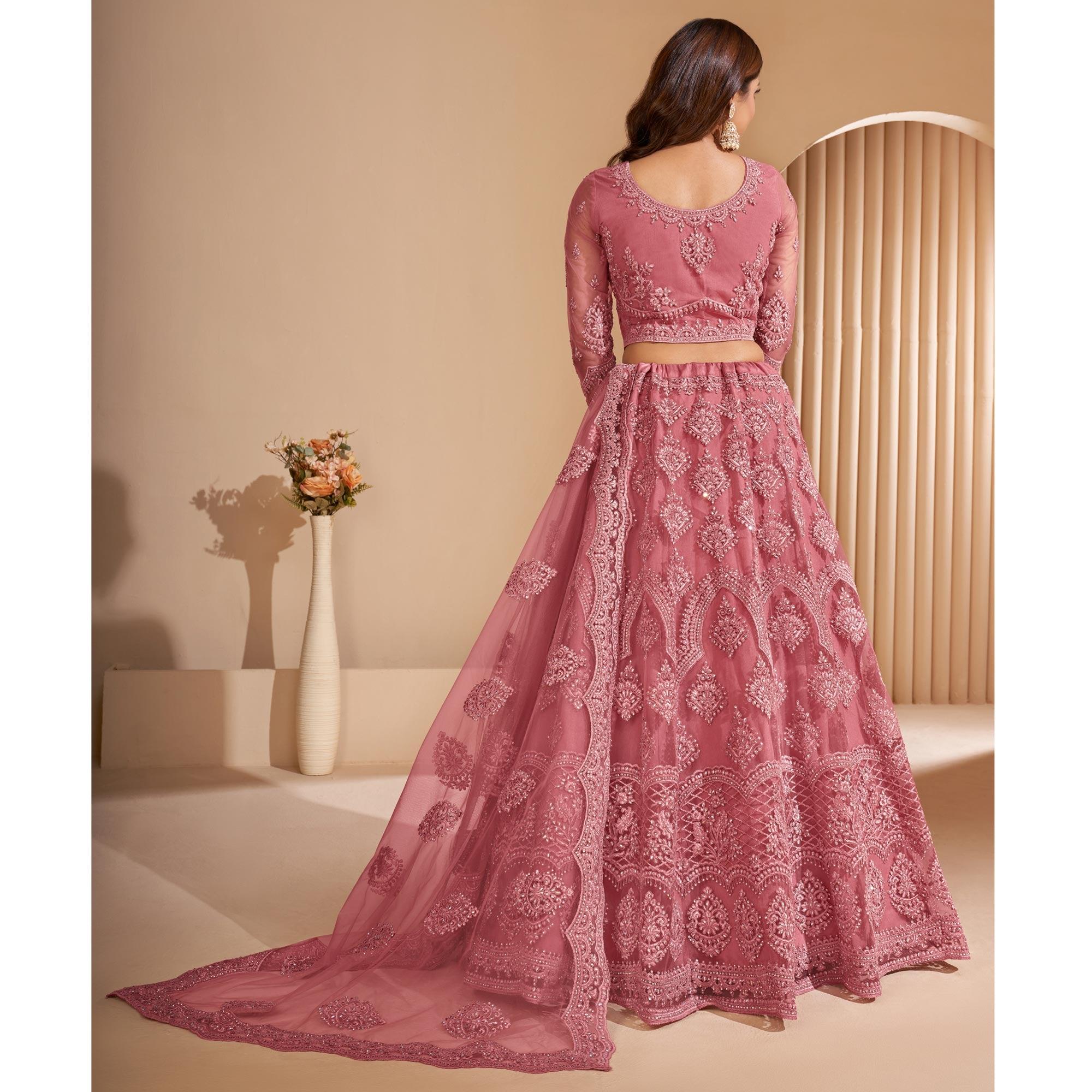 Salmon Peach Wedding Wear Embroidered With Embellished Net Lehenga Choli - Peachmode