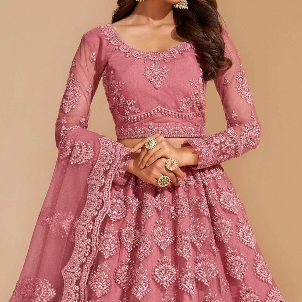 Salmon Peach Wedding Wear Embroidered With Embellished Net Lehenga Choli - Peachmode