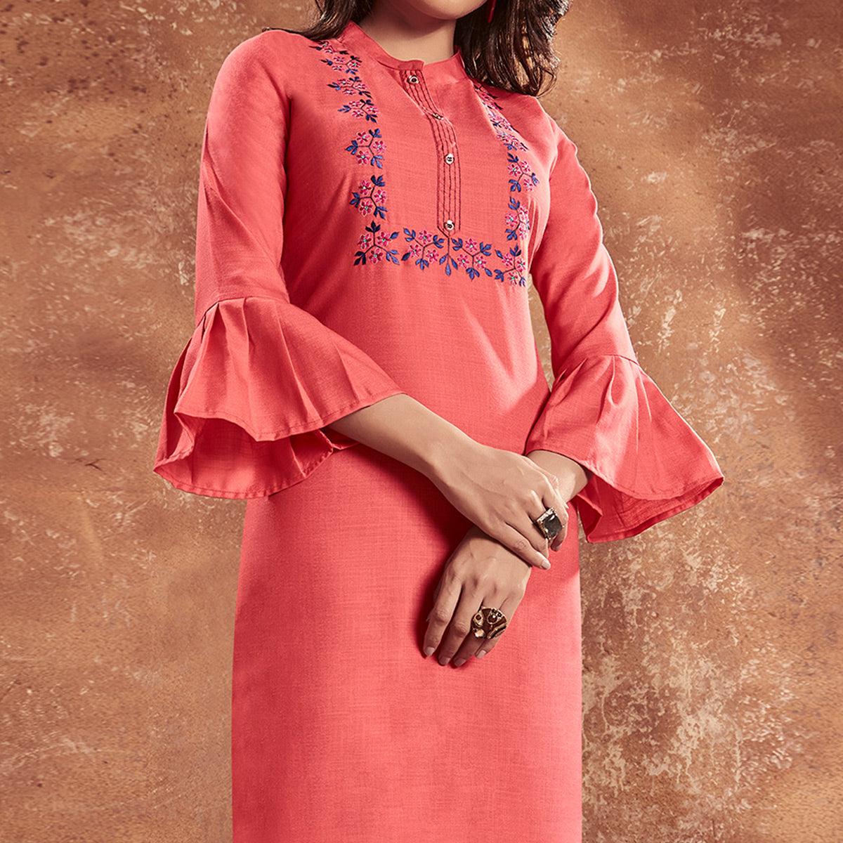 Salmon Pink Casual Wear Embroidered Cotton Kurti - Peachmode