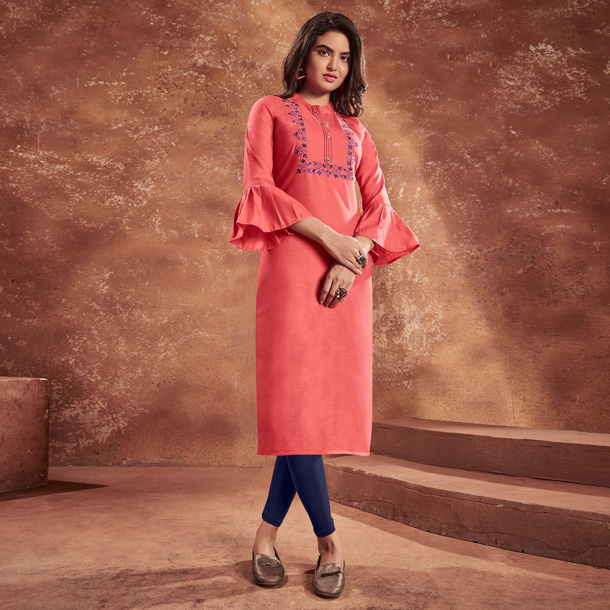 Salmon Pink Casual Wear Embroidered Cotton Kurti - Peachmode