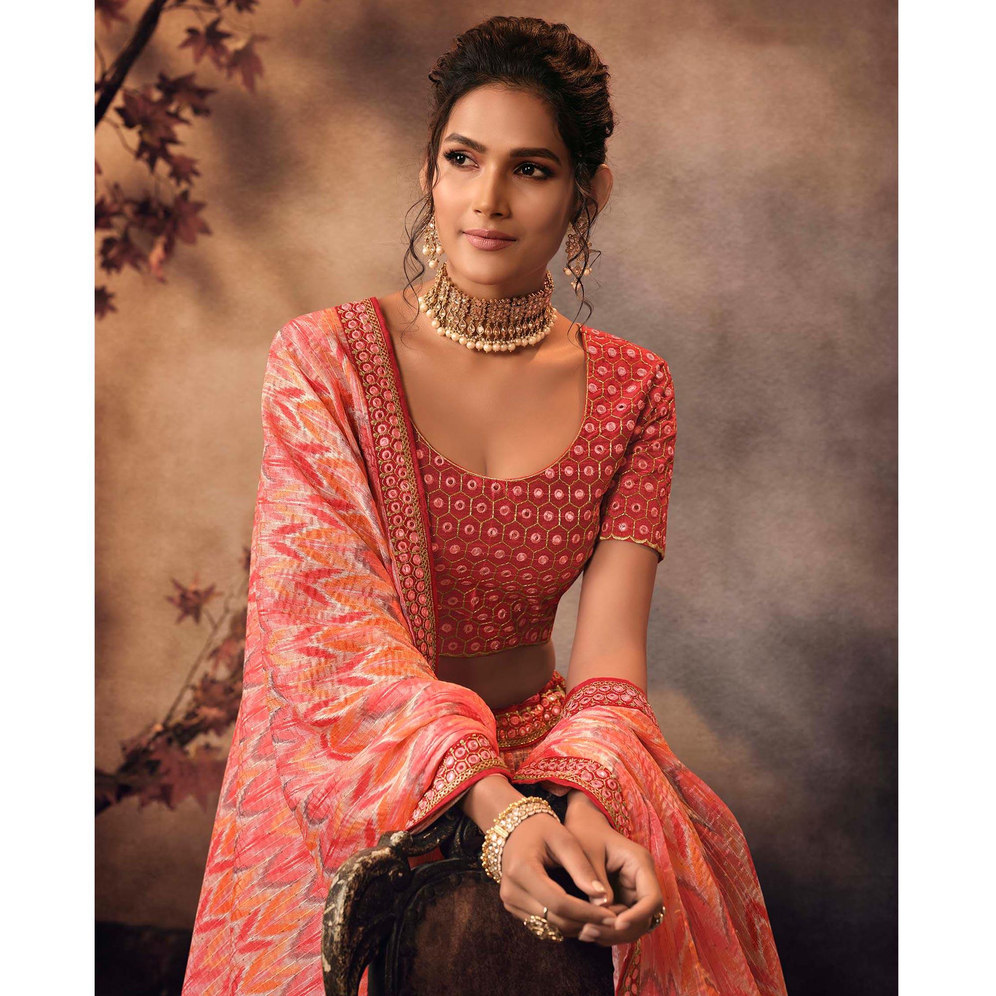 Salmon Pink Digital Printed-Embellished Chiffon Lehenga Choli - Peachmode